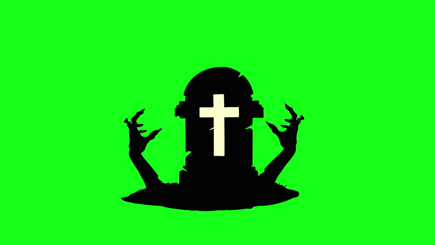 Tombstone, Gravestone, Headstone with zombie hand vector animation on green screen. Looping vector animation for Halloween, scary, spooky, horror editing