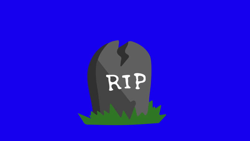 Tombstone, Gravestone, Headstone with grass and light sweep vector animation on blue screen. Looping vector animation for Halloween, scary, spooky, horror editing