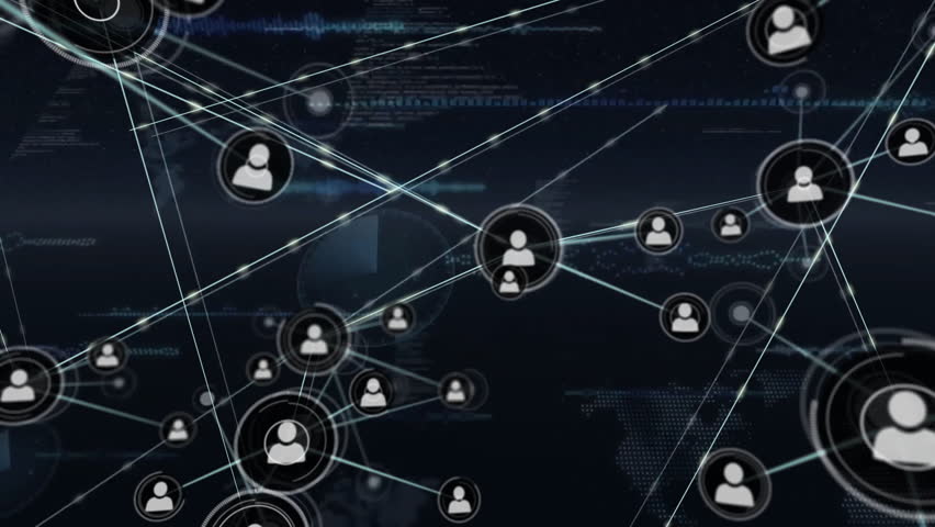 Animation of network of connections with icons and data processing. Global finance, business, connections, computing and data processing concept digitally generated video.