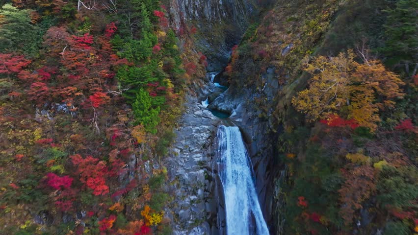 These are autumn leaves and waterfalls in Japan.