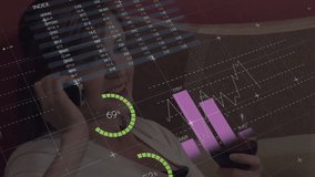 Animation of data processing, stock market and world map over caucasian woman talking on smartphone. Business and digital interface concept, digitally generated video. - Powered by Shutterstock - Get 15% off with code: PIKWIZARD15