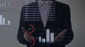 Animation of data processing, stock market and world map over caucasian businessman gesturing. Business and digital interface concept, digitally generated video. - Powered by Shutterstock - Get 15% off with code: PIKWIZARD15
