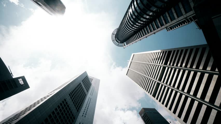 Singapore time lapse 4K, city skyline timelapse looking up under skyscraper building business district