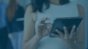 Animation of communication network over biracial woman using tablet. Connection, data, digital interface, lifestyle, business and communication, digitally generated video. - Powered by Shutterstock - Get 15% off with code: PIKWIZARD15