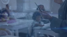Animation of communication network over diverse female teacher using tablet and children in class. Connection, data, digital interface, school, education and communication, digitally generated video. - Powered by Shutterstock - Get 15% off with code: PIKWIZARD15