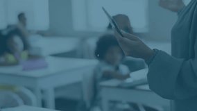 Animation of communication network over diverse female teacher using tablet and children in class. Connection, data, digital interface, school, education and communication, digitally generated video. - Powered by Shutterstock - Get 15% off with code: PIKWIZARD15