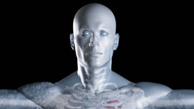 Grey digital skeleton with gears and cogs on black background - Powered by Shutterstock - Get 15% off with code: PIKWIZARD15