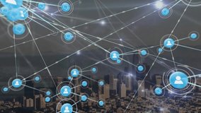 Animation of network of connections with icons and data processing over cityscape. Global connections, computing and data processing concept digitally generated video. - Powered by Shutterstock - Get 15% off with code: PIKWIZARD15