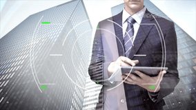 Animation of scope scanning and caucasian businessman using tablet over cityscape. Global business, finances, communication and digital interface concept digitally generated video. - Powered by Shutterstock - Get 15% off with code: PIKWIZARD15