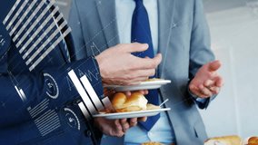 Animation of financial data processing over caucasian colleagues eating lunch in office. Global business, finances, communication and digital interface concept digitally generated video. - Powered by Shutterstock - Get 15% off with code: PIKWIZARD15