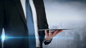 Animation of financial data processing over caucasian businessman using tablet. Global business, finances, communication and digital interface concept digitally generated video. - Powered by Shutterstock - Get 15% off with code: PIKWIZARD15