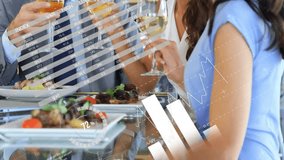 Animation of financial data processing over diverse colleagues eating dinner. Global business, finances, communication and digital interface concept digitally generated video. - Powered by Shutterstock - Get 15% off with code: PIKWIZARD15