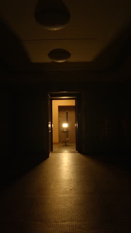A dimly lit hallway has an open door inviting exploration into the shadows beyond