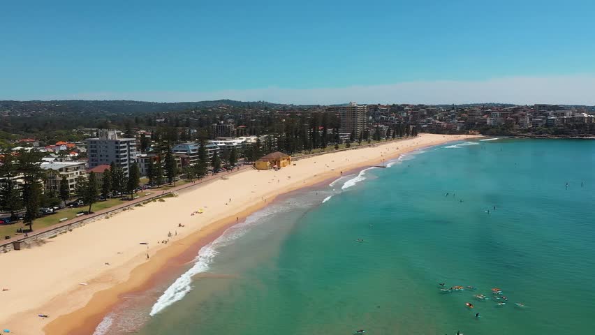 Beach Aerial In Sydney. Manly Beach On Beautiful Summer Day, Golden Beach and Calm Blue Ocean, Australia.