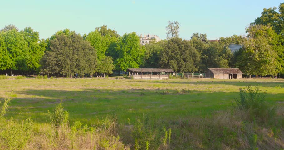 Green field with rustic barns surrounded by trees in Parc de la Tête d