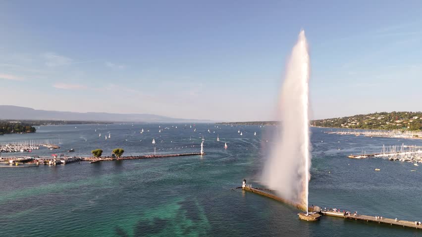 Aerial view of Jet d Eau (Water-Jet) fountain in Geneva, Switzerland