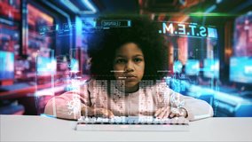 Clever schoolgirl programming on holographic display in a futuristic room, STEM - Powered by Shutterstock - Get 15% off with code: PIKWIZARD15