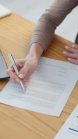 Hands, pen and sign for contract, documents and legal agreement with company for hiring in office. Employee, writing and woman for recruitment, checklist and labor law paper for employment policy
