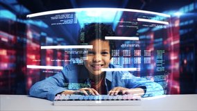 Happy African American boy working on computer code using holographic display - Powered by Shutterstock - Get 15% off with code: PIKWIZARD15