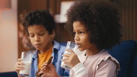 African American brother and sister drinking milk and eating cookies, snack time - Powered by Shutterstock - Get 15% off with code: PIKWIZARD15