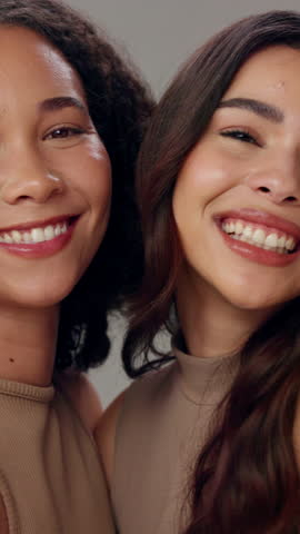 Beauty, face and smile with woman friends in studio together for natural cosmetics or dermatology. Love, portrait and skincare with happy model people hugging for aesthetic, bonding or solidarity