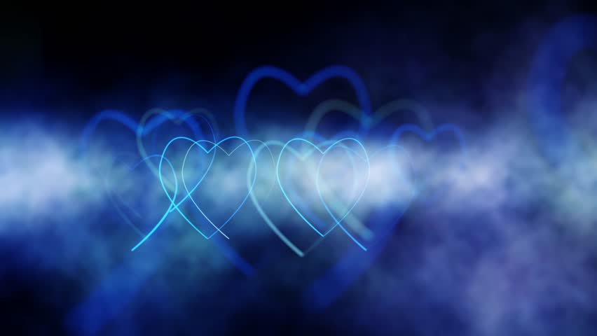 Looped heart shapes motion on misty dark blue background.