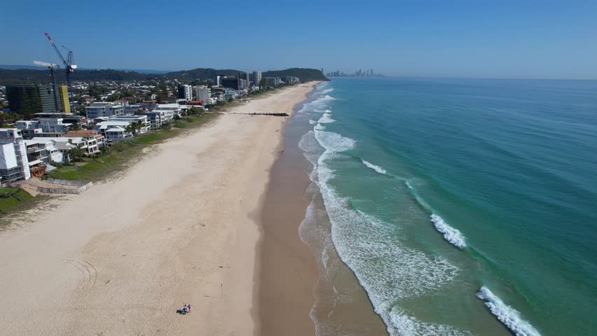 Waves Crashing Sandy Shore In Palm Beach, Gold Coast, Queensland, Australia - Aerial Shot