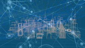 Animation of communication network over 3d plan of city buildings on blue background. Network, connection, digital interface, architecture, design and communication, digitally generated video. - Powered by Shutterstock - Get 15% off with code: PIKWIZARD15