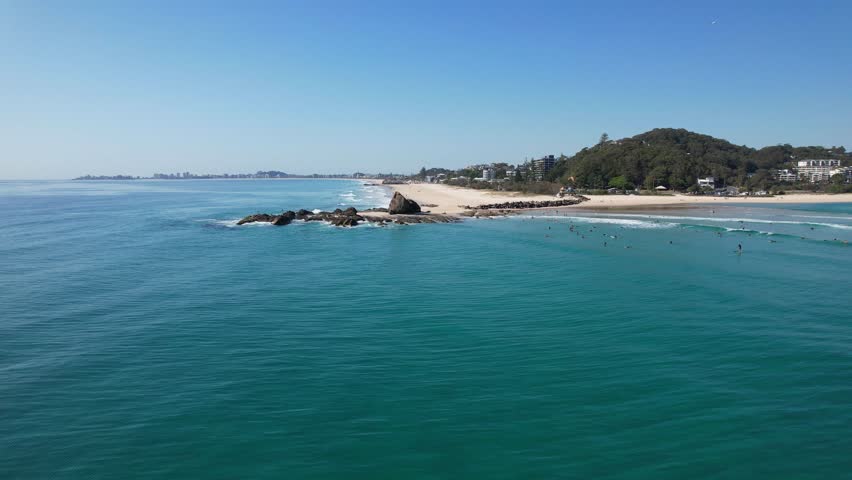 Tourists At Lillson Beach Near Currumbin Alley Rock On Gold Coast, Queensland, Australia. Aerial Shot