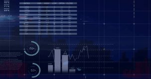 Animation of charts and graphs processing data over city buildings at night. Network, data, connection, digital interface, processing and communication, digitally generated video. - Powered by Shutterstock - Get 15% off with code: PIKWIZARD15