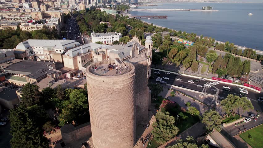 Stunning aerial panorama of Baku skyline, Maiden Tower, Baku Old Town, UNESCO World Heritage Site, Baku, Azerbaijan, Central Asia, Asia