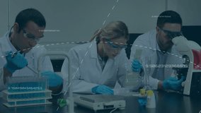 Animation of scientific data processing over diverse scientists in laboratory. Global science, connections, computing and data processing concept digitally generated video. - Powered by Shutterstock - Get 15% off with code: PIKWIZARD15