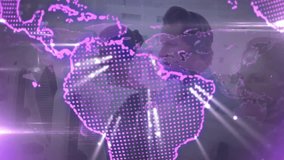 Animation of globe and data processing over diverse business people using phone headsets. Global finance, business, connections, computing and data processing concept digitally generated video. - Powered by Shutterstock - Get 15% off with code: PIKWIZARD15