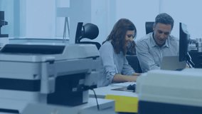 Animation of network of connections with icons over diverse business people in office. Global finance, business, connections, computing and data processing concept digitally generated video. - Powered by Shutterstock - Get 15% off with code: PIKWIZARD15