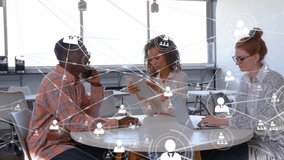 Animation of network of connections with icons over diverse business people in office. Global finance, business, connections, computing and data processing concept digitally generated video. - Powered by Shutterstock - Get 15% off with code: PIKWIZARD15