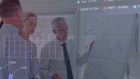 Animation of financial data processing over diverse business people in office. Global finance, business, connections, computing and data processing concept digitally generated video. - Powered by Shutterstock - Get 15% off with code: PIKWIZARD15