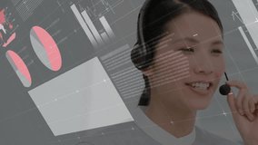 Animation of financial data processing over asian businesswoman using phone headset. Global finance, business, connections, computing and data processing concept digitally generated video. - Powered by Shutterstock - Get 15% off with code: PIKWIZARD15
