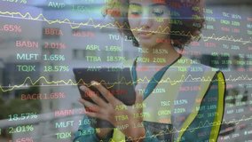 Animation of financial data processing over biracial female architect using smartphone. Global finance, business, connections, computing and data processing concept digitally generated video. - Powered by Shutterstock - Get 15% off with code: PIKWIZARD15