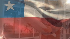 Animation of flag of chile waving over smiling caucasian female architect studying blueprint. Chilean, business, architecture and development, digitally generated video. - Powered by Shutterstock - Get 15% off with code: PIKWIZARD15