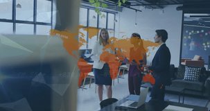 Animation of financial data processing and world map over diverse business people in office. Global finance, business, connections, computing and data processing concept digitally generated video. - Powered by Shutterstock - Get 15% off with code: PIKWIZARD15