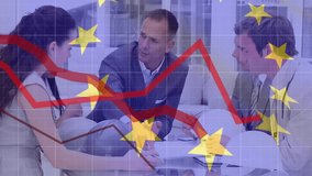 Animation of financial data processing over diverse business people and flag of eu. Global finance, business, connections, computing and data processing concept digitally generated video. - Powered by Shutterstock - Get 15% off with code: PIKWIZARD15
