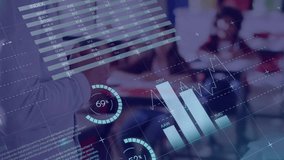Animation of data processing on charts over caucasian male teacher and schoolchildren in class. Education, digital interface, communication, statistics and learning, digitally generated video. - Powered by Shutterstock - Get 15% off with code: PIKWIZARD15