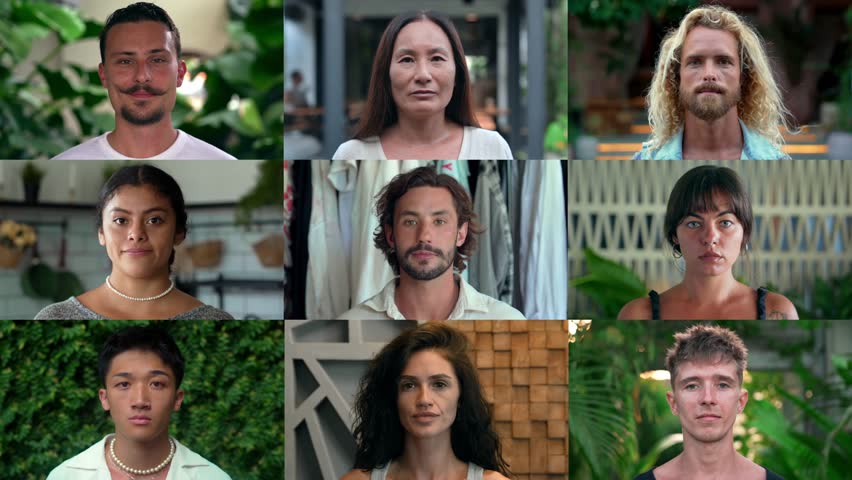 Happy Portraits of Smiling People Looking at Camera in Multi Screen Montage. Footage Set of Authentic Faces on Series of Bright Backgrounds. Isolated Headshot Collection of Cool Men and Smiley Women