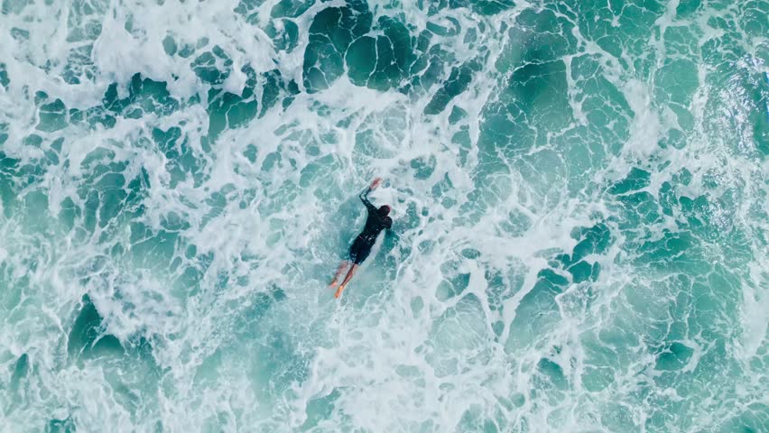 Surfer Riding on Surf in Beautiful Ocean Waves Slow Motion. Cool Paradise Adventure Leisure in Island. One Fun Action Day of Surfboarder in Blue Big Sea. Pro Healthy Style with Splashing Sea Spray 4k