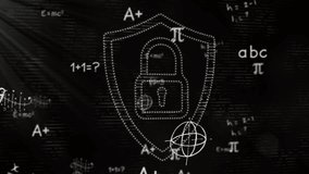 Animation of layers of mathematical formulae and equations over padlock on black background. Data, security, digital interface, maths, research, education and communication, digitally generated video. - Powered by Shutterstock - Get 15% off with code: PIKWIZARD15