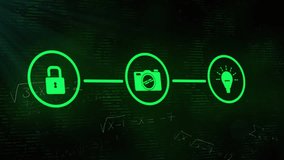 Animation of network of padlock and media icons over mathematical equations on black. Data, security, digital interface, connection, research, education and communication, digitally generated video. - Powered by Shutterstock - Get 15% off with code: PIKWIZARD15