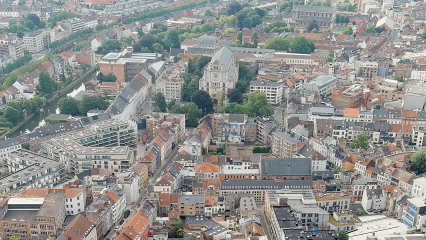 Dolly zoom. Ghent, Belgium. Panorama of the central city from the air. Cloudy weather, summer day, Aerial View