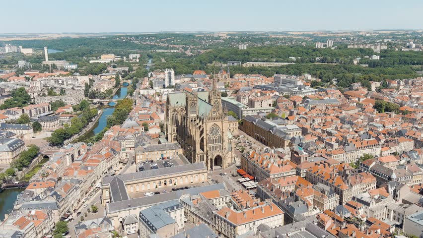 Metz, France. Metz Cathedral. View of the historical city center. Summer, Sunny day. Stable, Aerial View