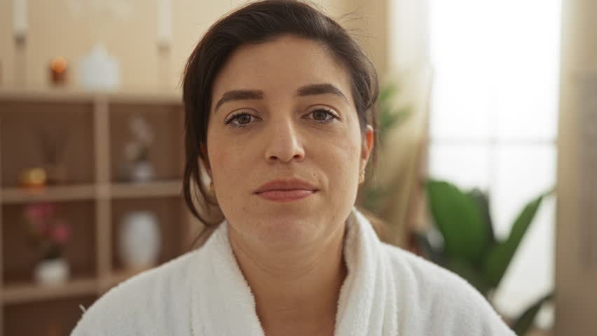 Young woman rinsing mouth at spa center while wearing a white robe in a serene wellness room with green plants and soft lighting