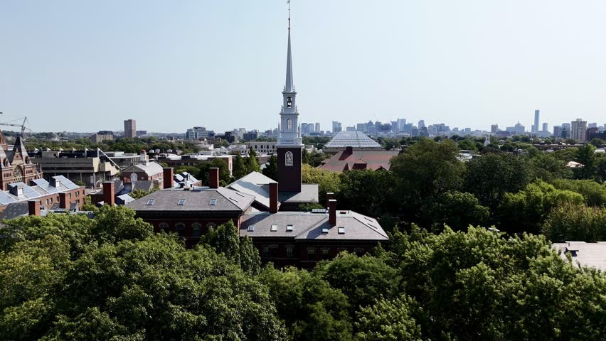Drone flight above the Harvard Yard, Cambridge, Massachusetts, USA